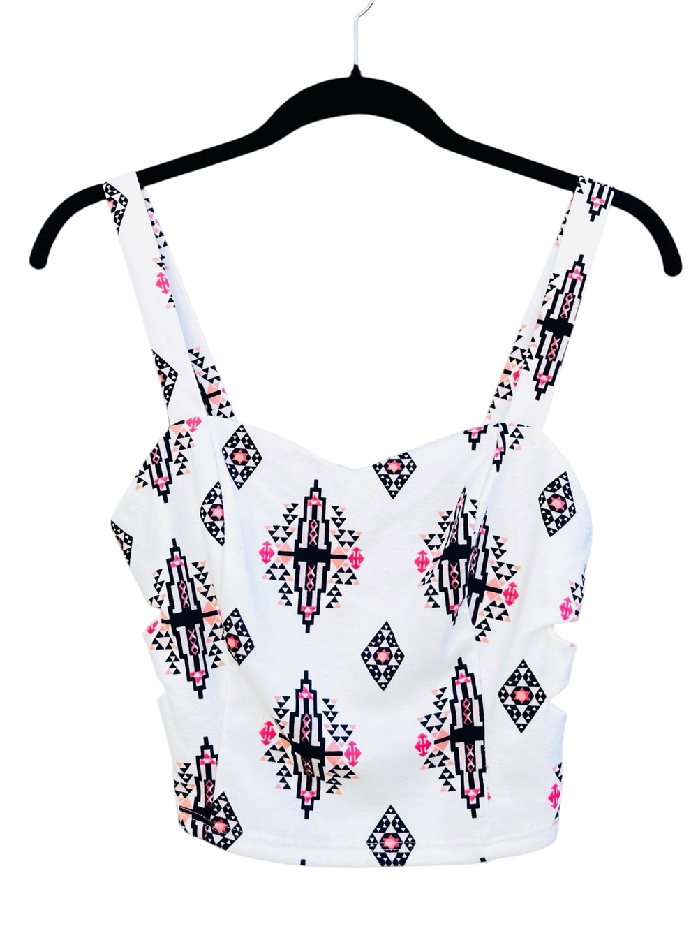 Unbranded Womens Crop Top Small‎ White Pink Geometric Tribal Cutout Sweetheart